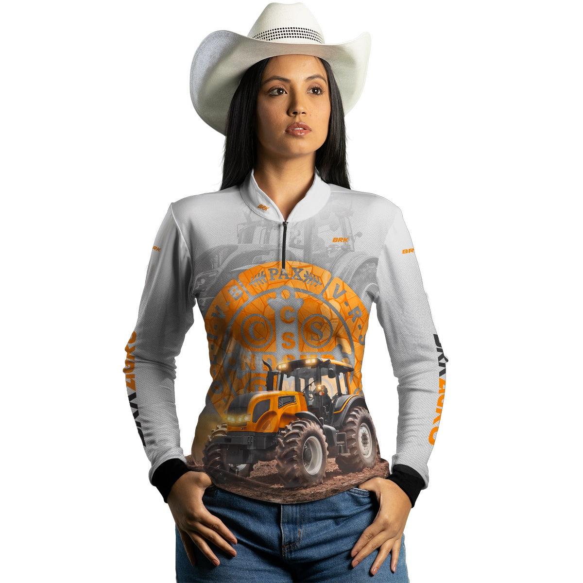 Camisa Agro Brk Trator São Bento Laranja e Branco com Proteção Solar UV50+