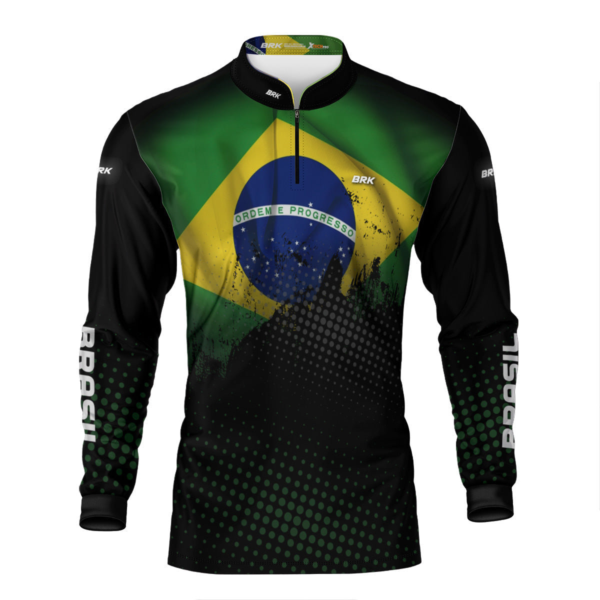 Camiseta masculina de manga longa com bandeira do Brasil e estampa preta com pontos verdes