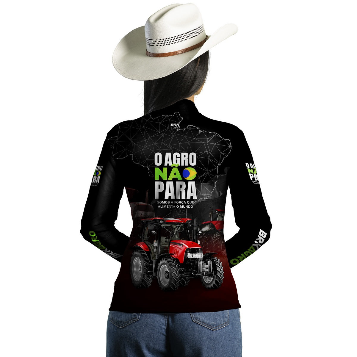 Camisa Agro Brk Preta e Vermelho O Agro Não Para com Proteção Solar UV50+