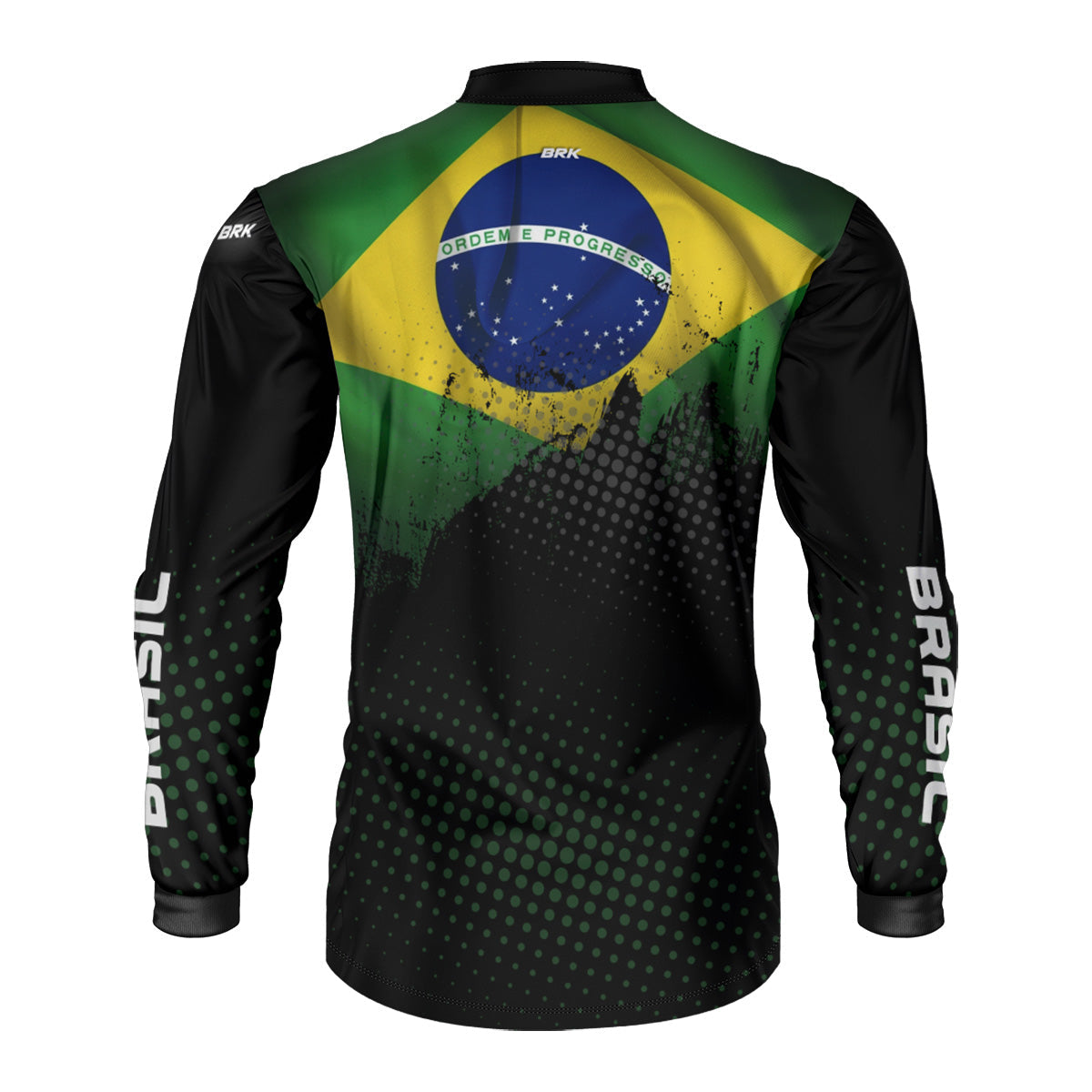 Camisa esportiva masculina de manga longa com estampa da bandeira do Brasil e design em preto e verde