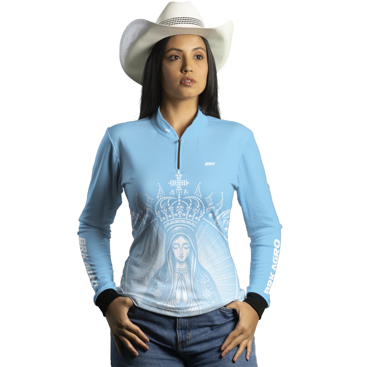 Camisa Agro Feminina Brk Nossa Senhora Azul Clara com Proteção Solar UV50+