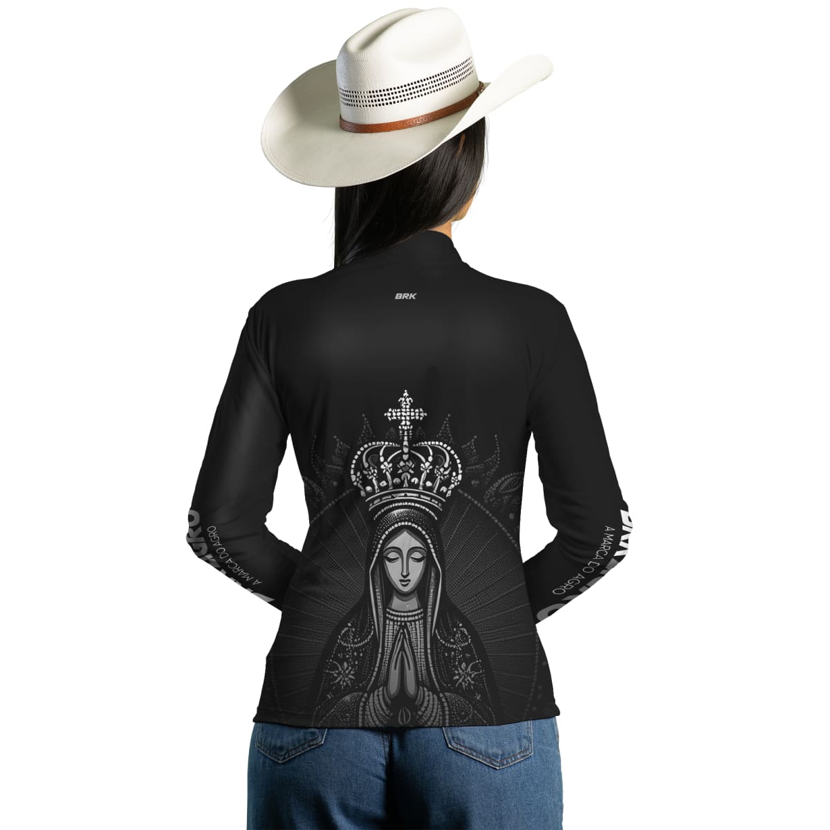Camisa Agro Feminina Brk Preta Nossa Senhora com Proteção Solar UV50+