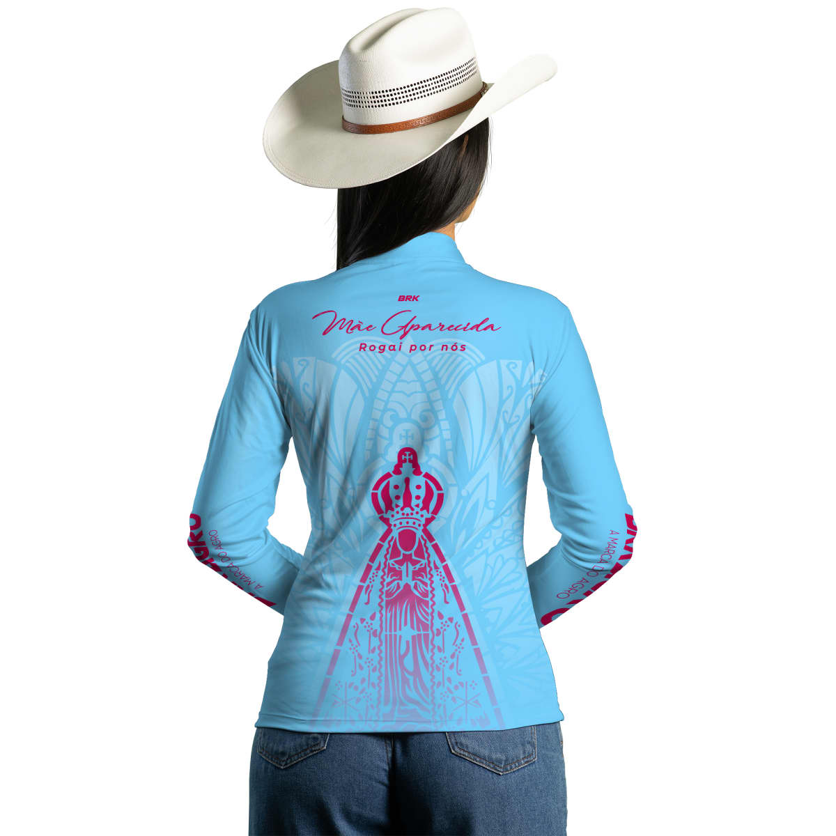 Camisa Agro Feminina Brk Mãe Aparecida Azul Clara com Proteção Solar UV50+