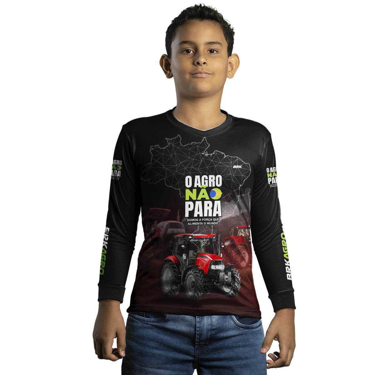 Camisa Agro Brk Preta e Vermelho O Agro Não Para com Proteção Solar UV50+