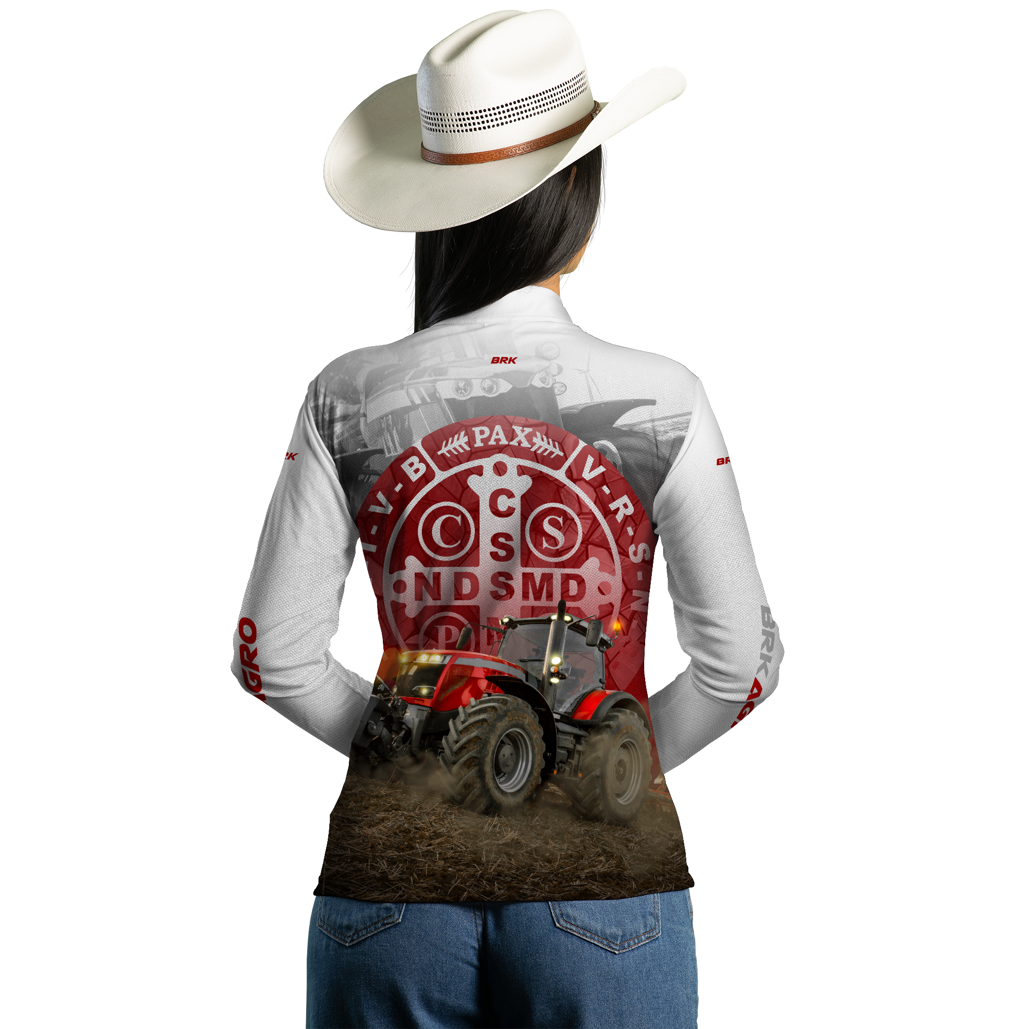Camisa Agro Brk Trator São Bento Branco e Vermelho com Proteção Solar UV50+