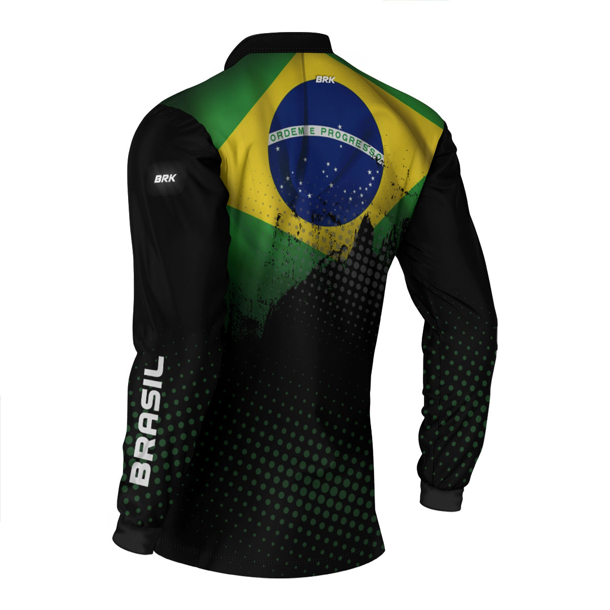 Camisa preta de manga longa com estampa da bandeira do Brasil e texto BRASIL na manga