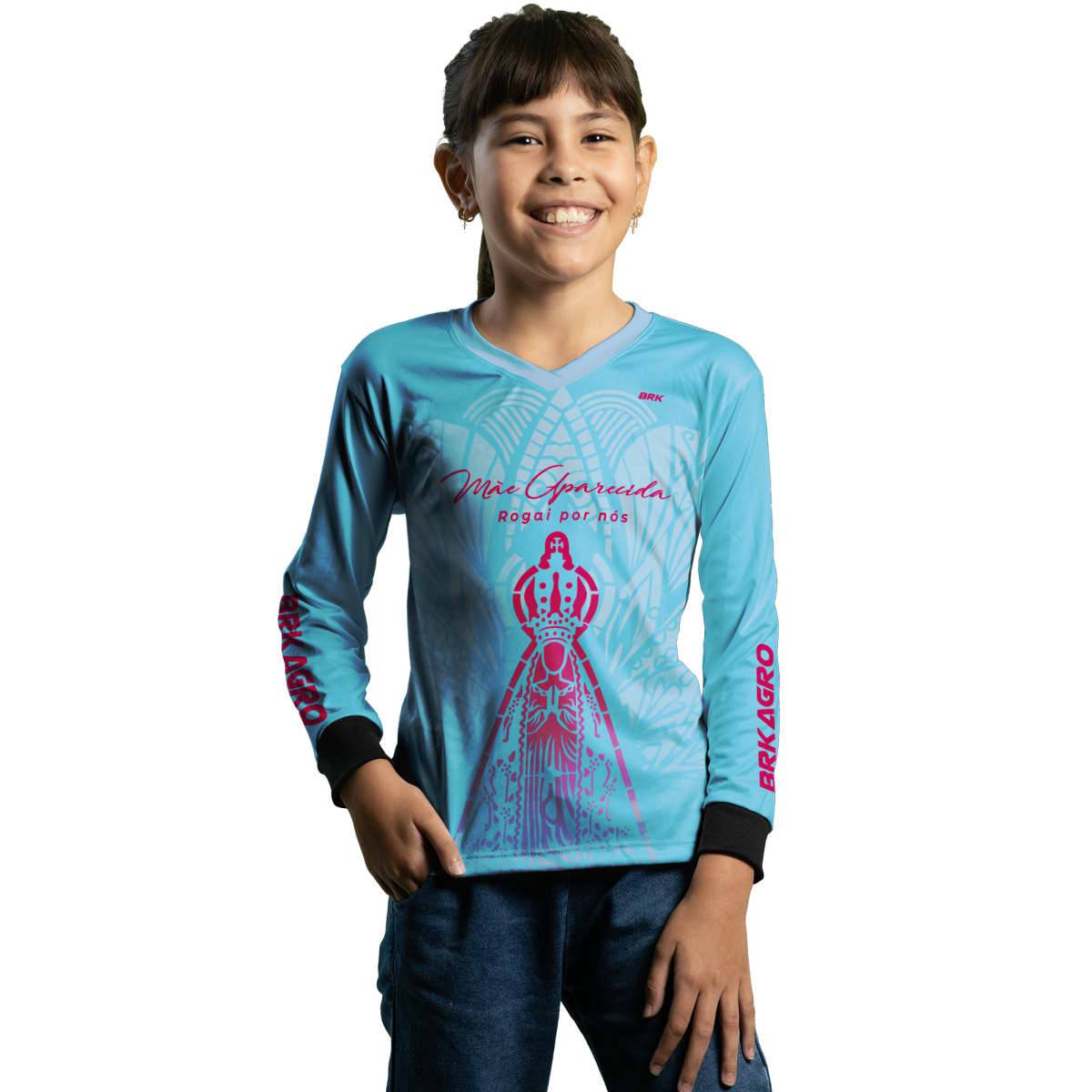 Camisa Agro Feminina Brk Mãe Aparecida Azul Clara com Proteção Solar UV50+