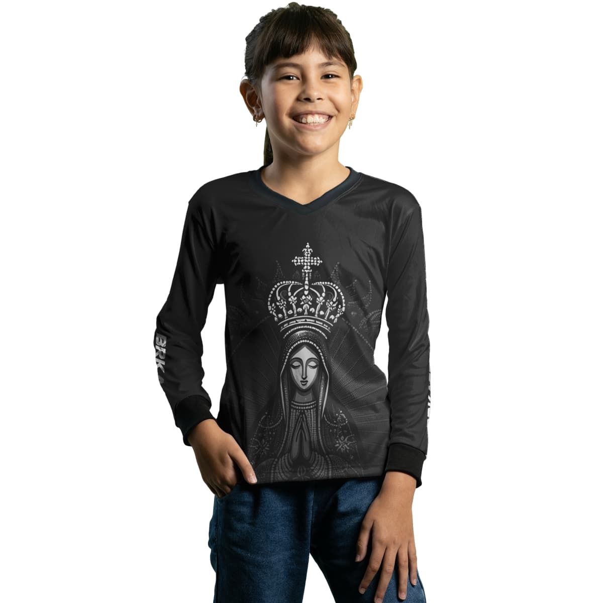 Camisa Infantil Agro Brk Feminina Preta Nossa Senhora com Proteção Solar UV50+