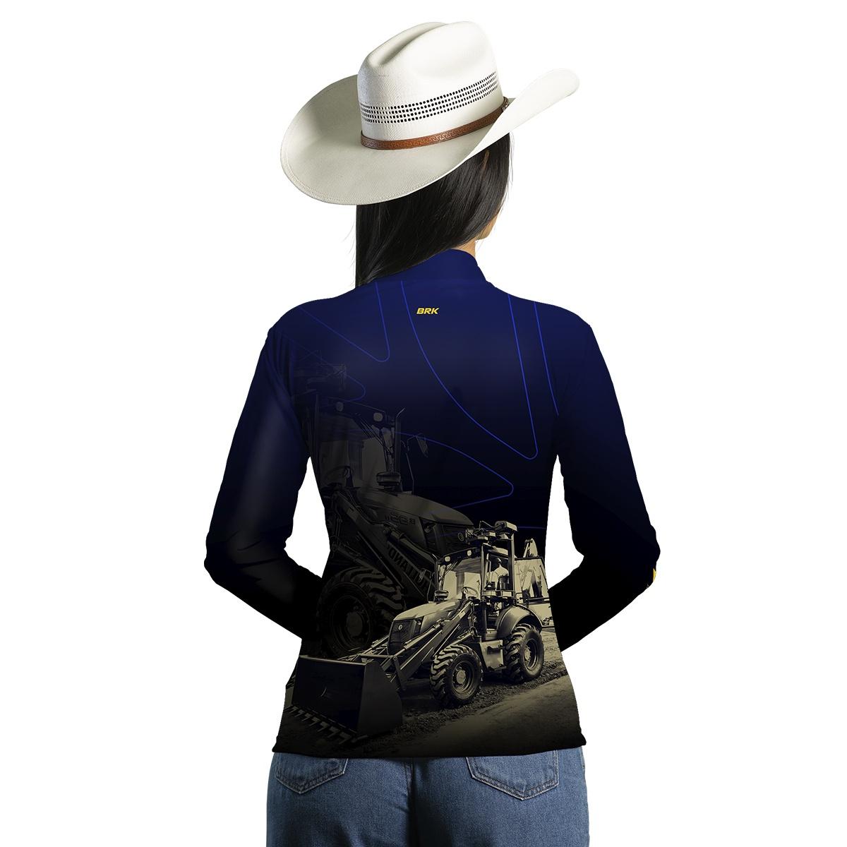 Camisa Agro Feminina Brk Azul e Preta Retroescavadeira com UV50+