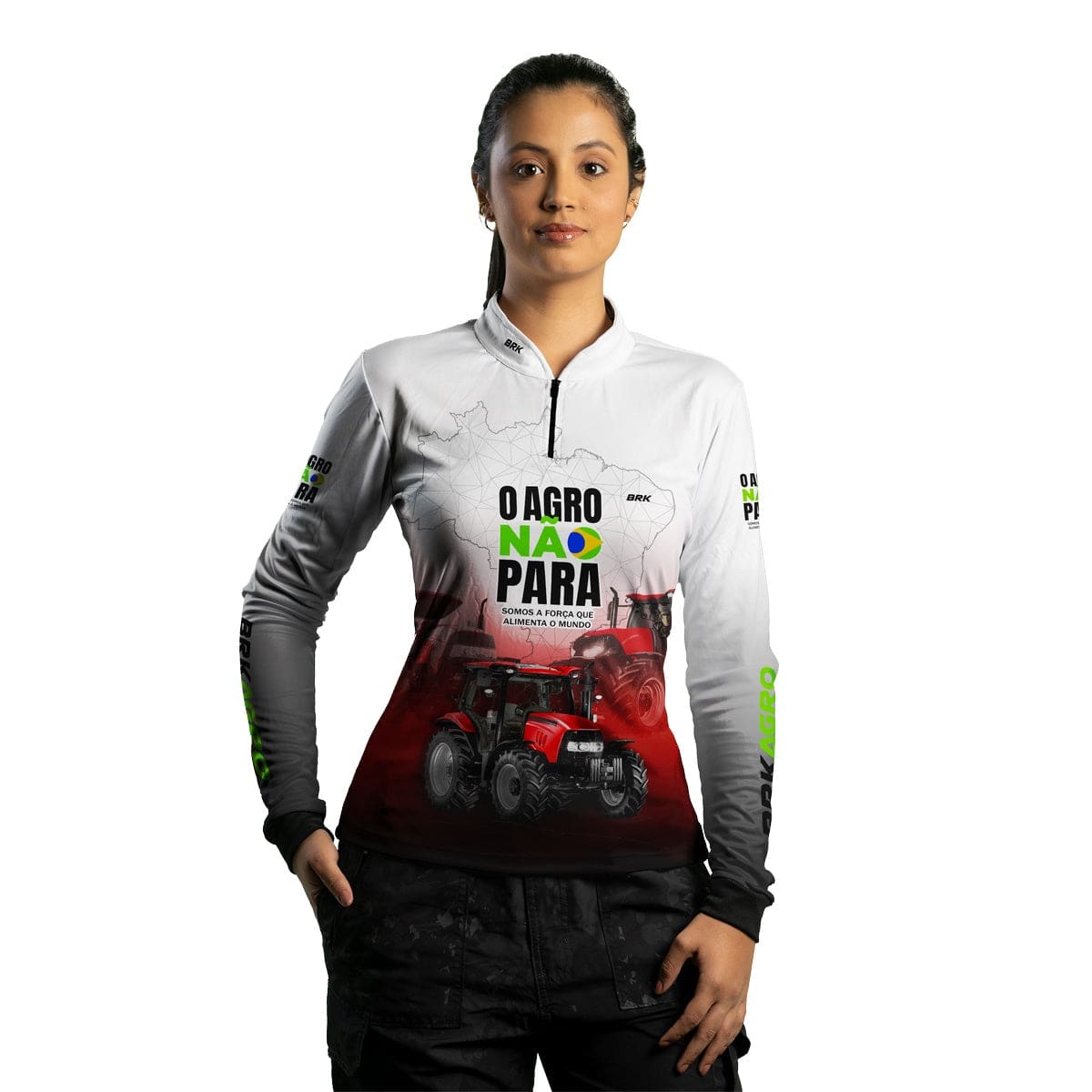 Camisa Agro Brk Branca e Vermelha O Agro Não Para com Proteção Solar UV50+