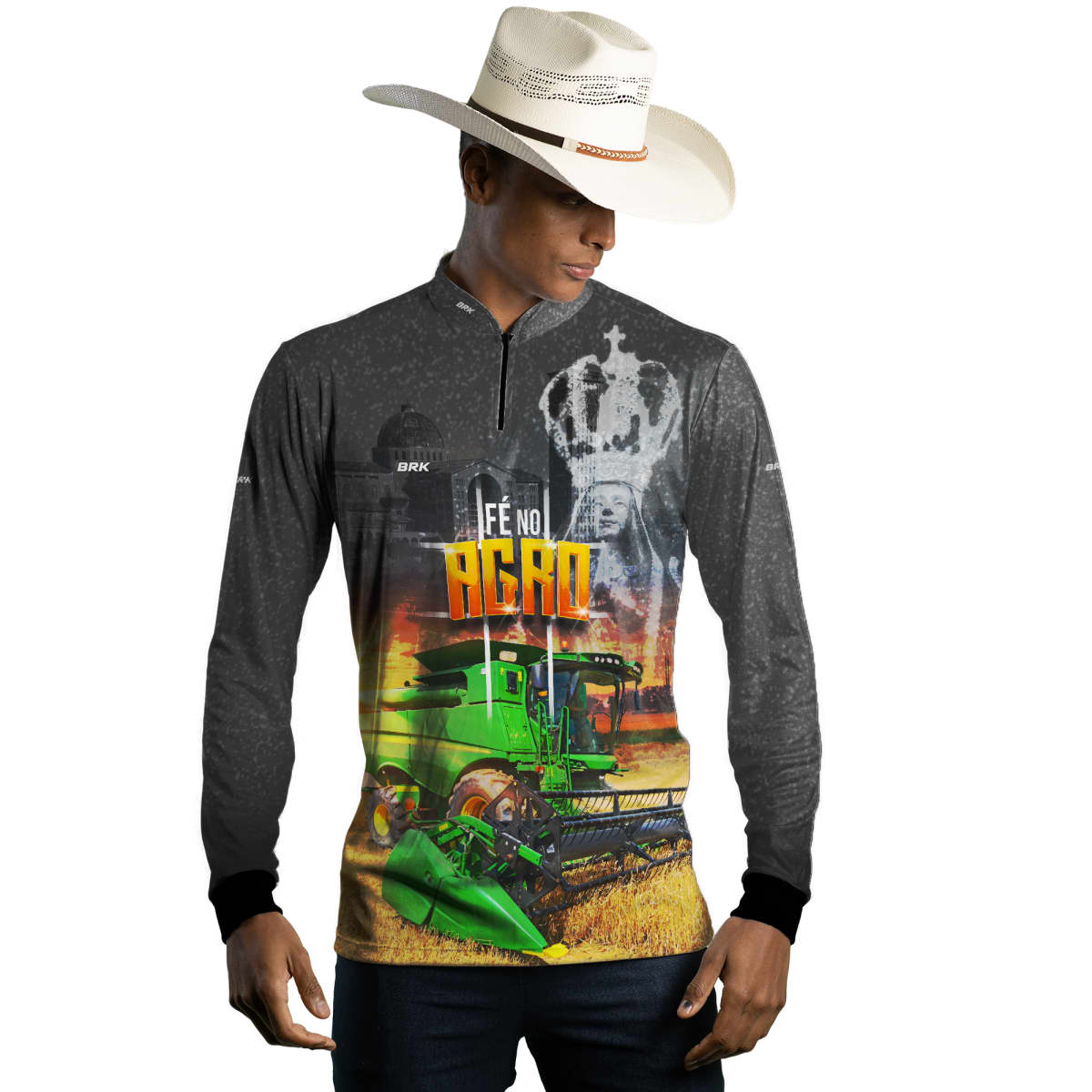 Camisa Agro Brk Colheitadeira Padroeira Fé no Agro com Proteção Solar UV50+