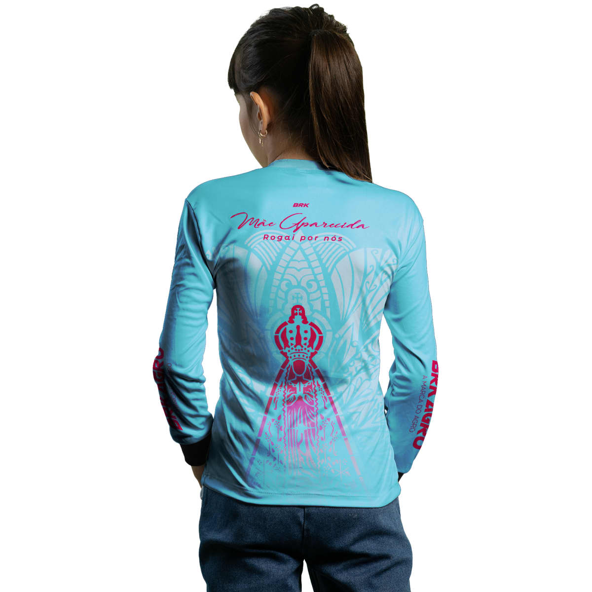 Camisa Agro Feminina Brk Mãe Aparecida Azul Clara com Proteção Solar UV50+