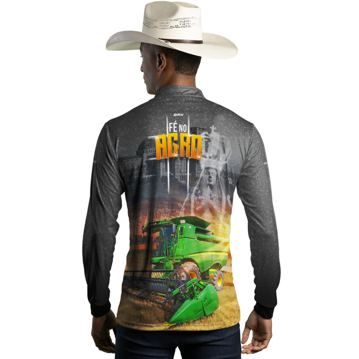 Camisa Agro Brk Colheitadeira Padroeira Fé no Agro com Proteção Solar UV50+