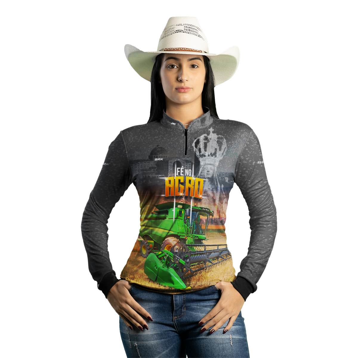 Camisa Agro Brk Colheitadeira Padroeira Fé no Agro com Proteção Solar UV50+
