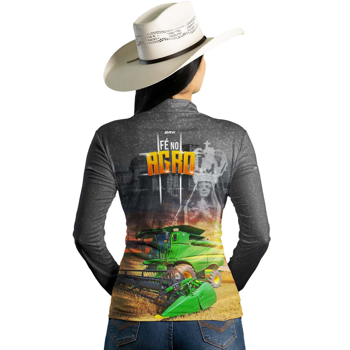 Camisa Agro Brk Colheitadeira Padroeira Fé no Agro com Proteção Solar UV50+