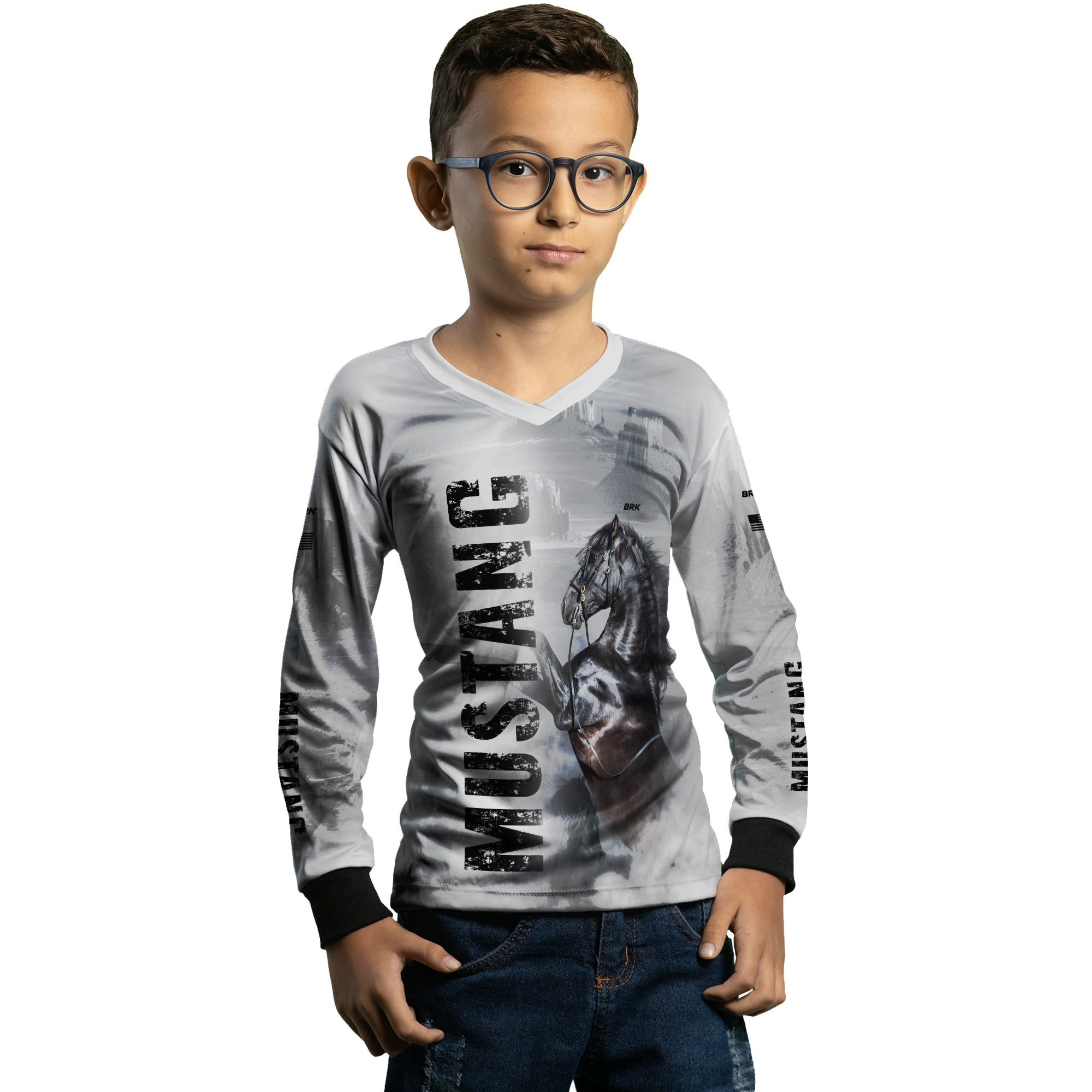 Camisa Agro Brk Branca Cavalo Mustang com Proteção Solar UV50+