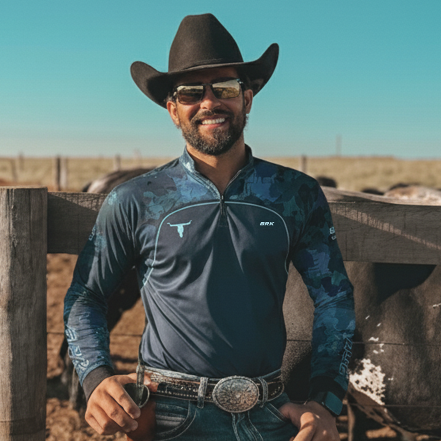 Camisa Agro Brk Camo Long Horn Brasil Azul com Proteção Solar UV50+