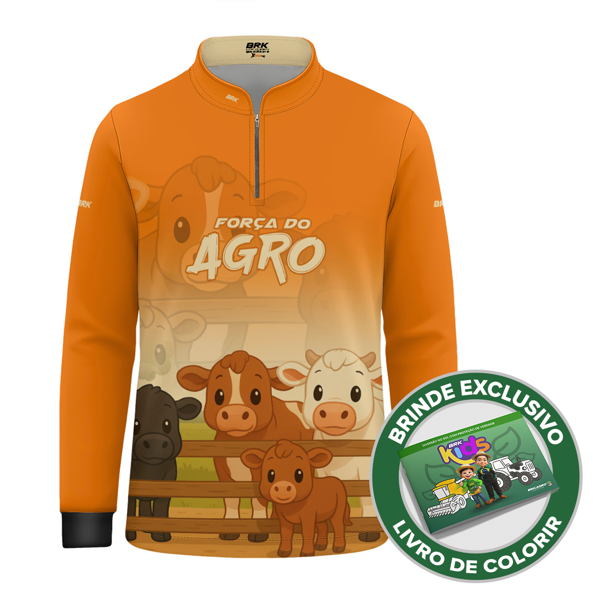 Camisa Agro Kids Brk Laranja Animais do Campo com Proteção UV50 + Brinde