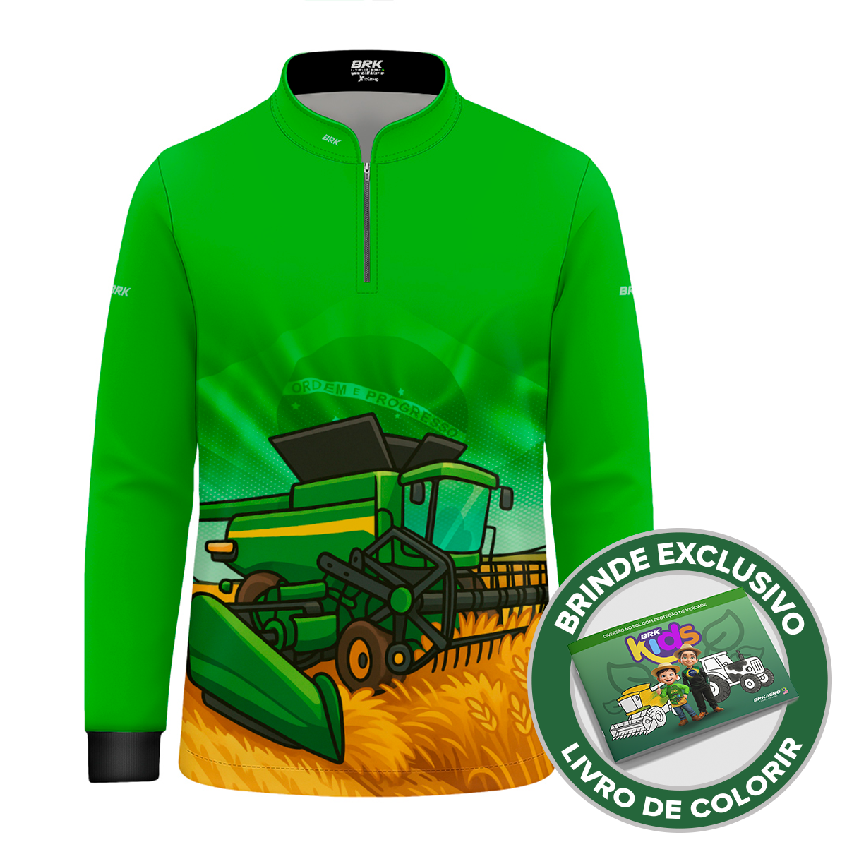 Camisa Agro Kids Brk Verde Colheitadeira com Proteção UV50 + Brinde