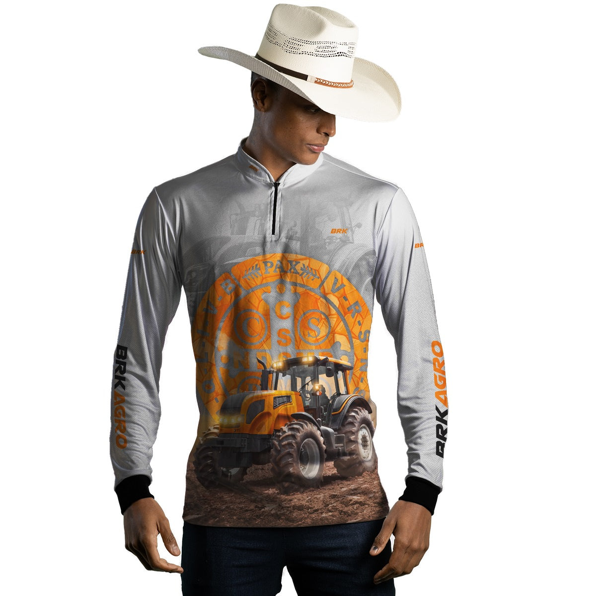 Camisa Agro Brk Trator São Bento Laranja e Branco com Proteção Solar UV50+