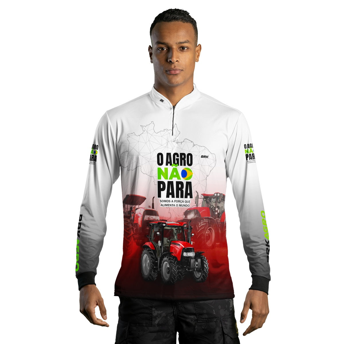 Camisa Agro Brk Branca e Vermelha O Agro Não Para com Proteção Solar UV50+
