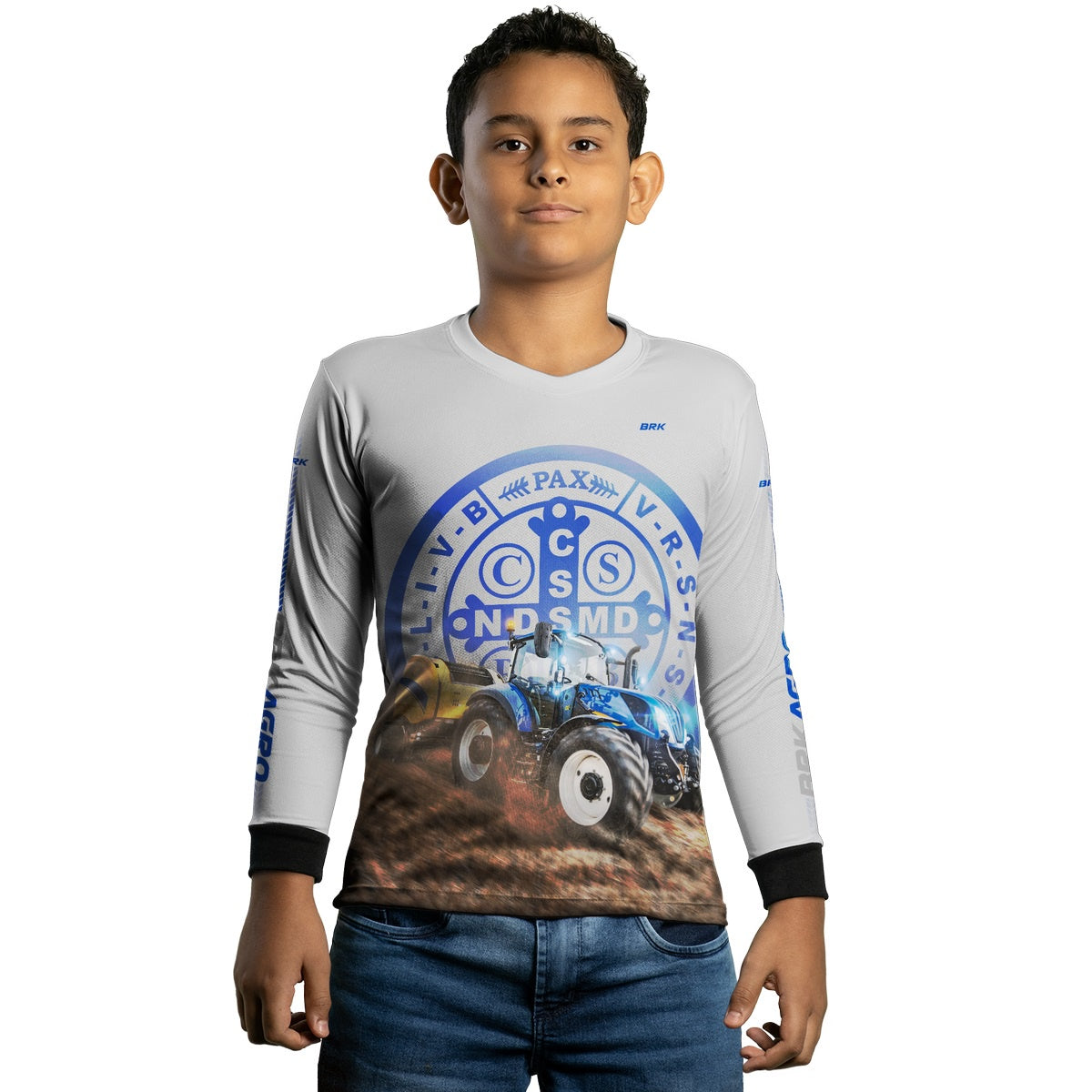 Camisa Agro Brk Trator Azul e Branco São Bento com Proteção Solar UV50+