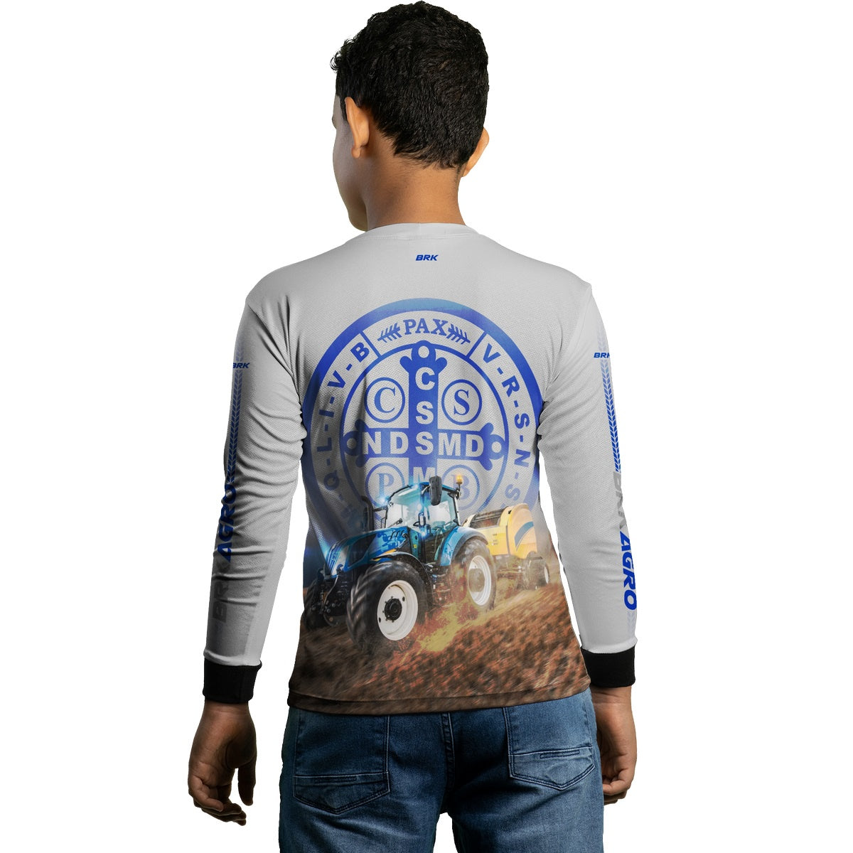 Camisa Agro Brk Trator Azul e Branco São Bento com Proteção Solar UV50+