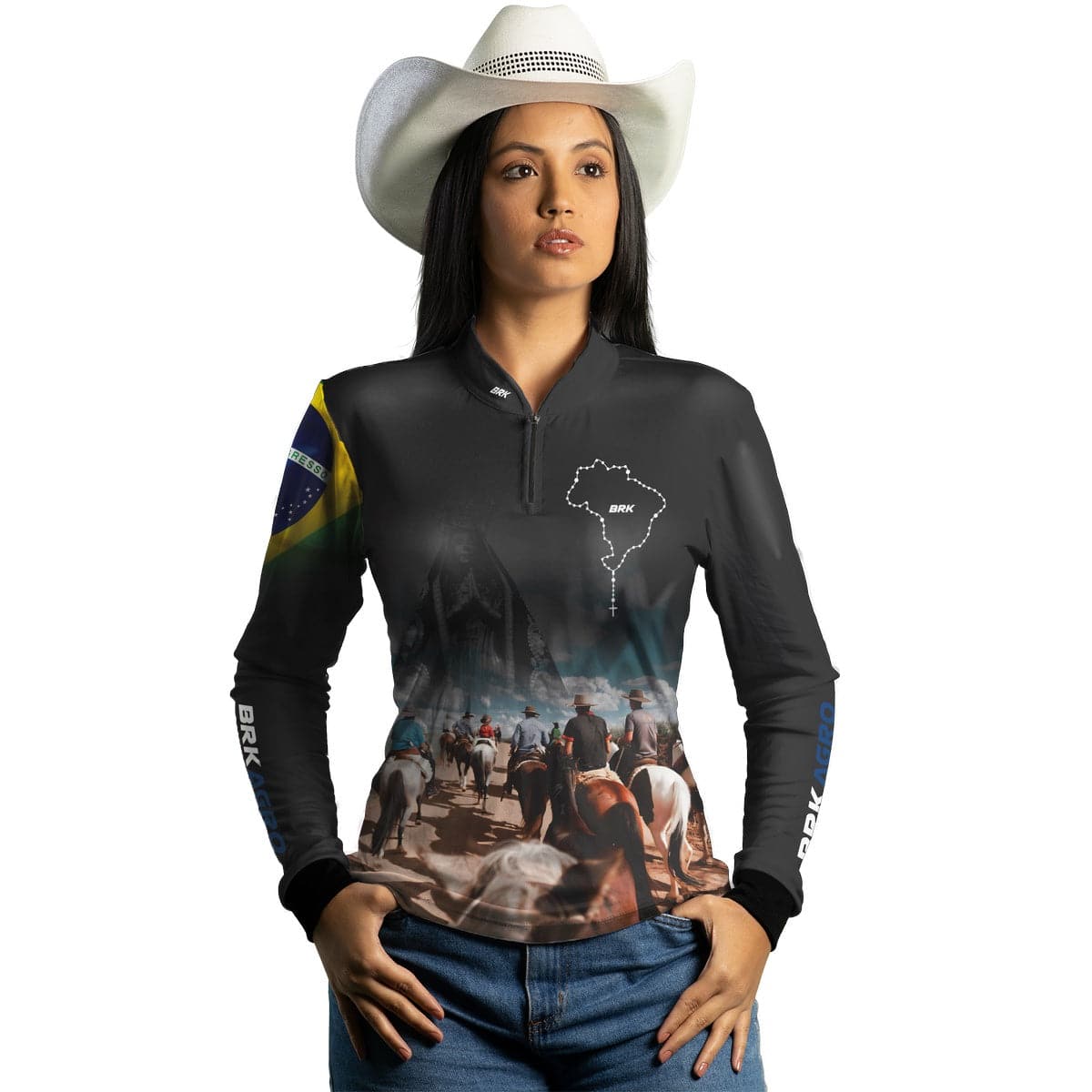 Camisa Agro Brk Cavalgada Nossa Senhora c/ Bandeira do Brasil com Proteção Solar UV50+