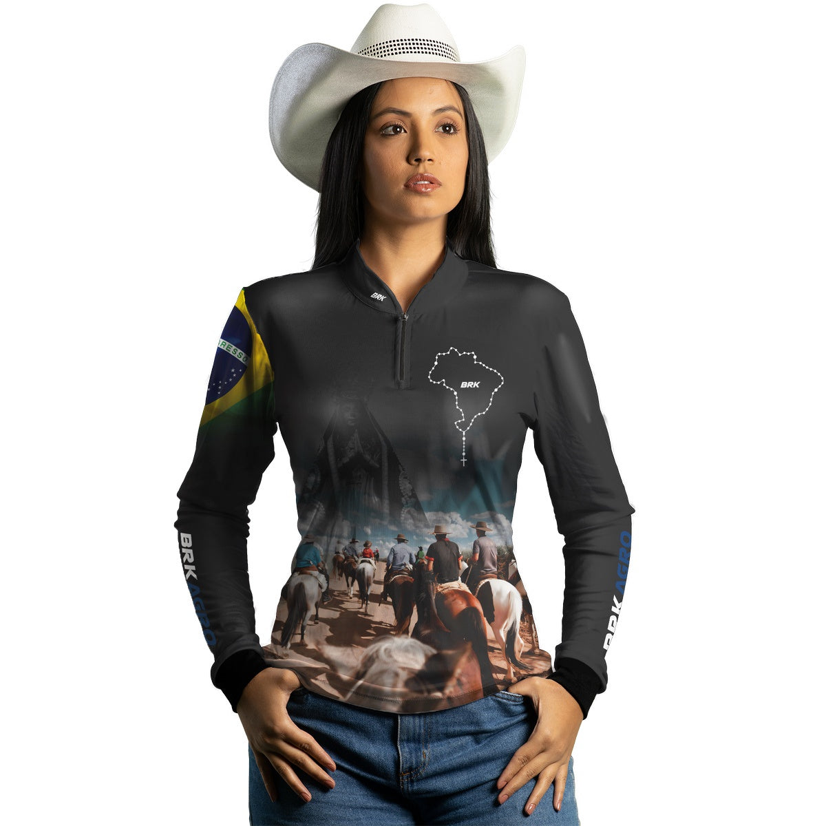 Camisa Agro Brk Cavalgada Nossa Senhora c/ Bandeira do Brasil com Proteção Solar UV50+