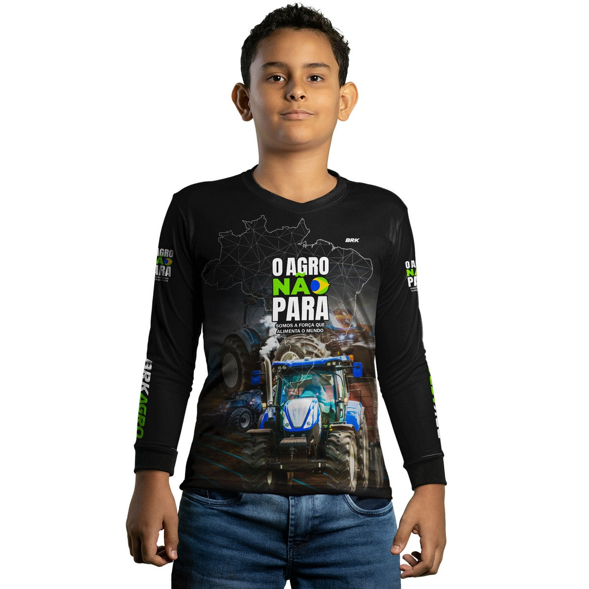 Camisa Infantil Agro Brk O Agro Não Para Trator Azul com UV50+