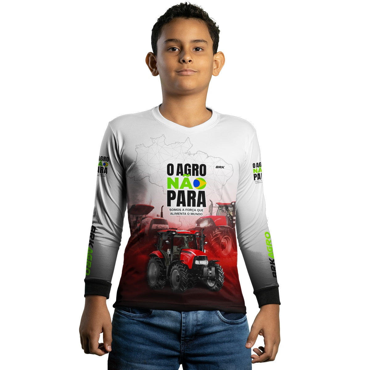 Camisa Agro Brk Branca e Vermelha O Agro Não Para com Proteção Solar UV50+