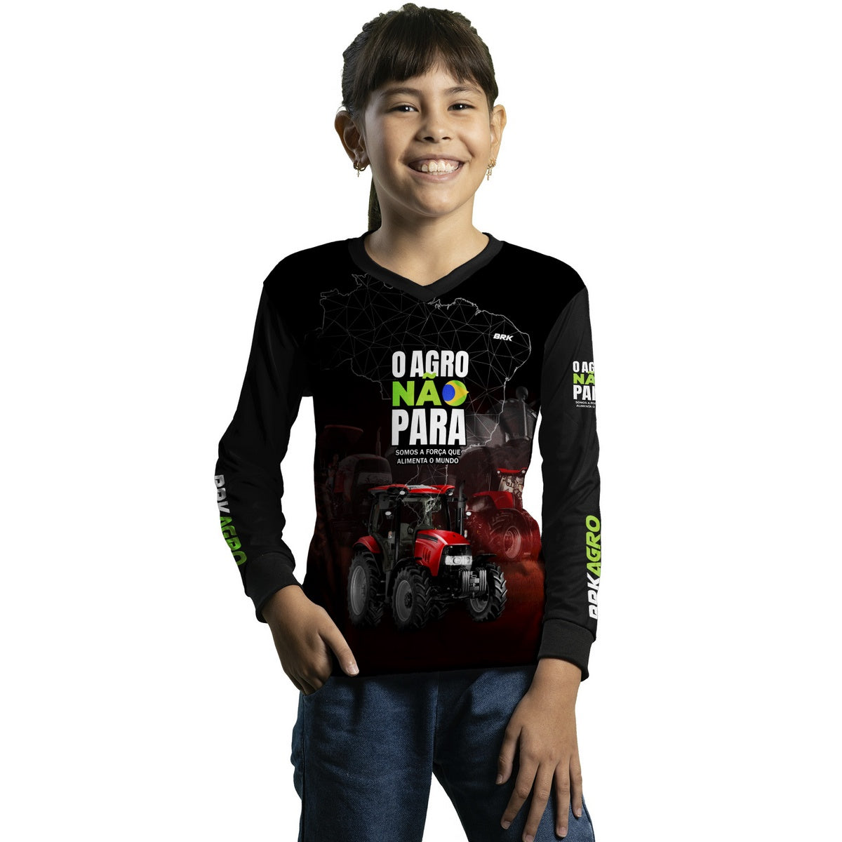 Camisa Agro Brk Preta e Vermelho O Agro Não Para com Proteção Solar UV50+