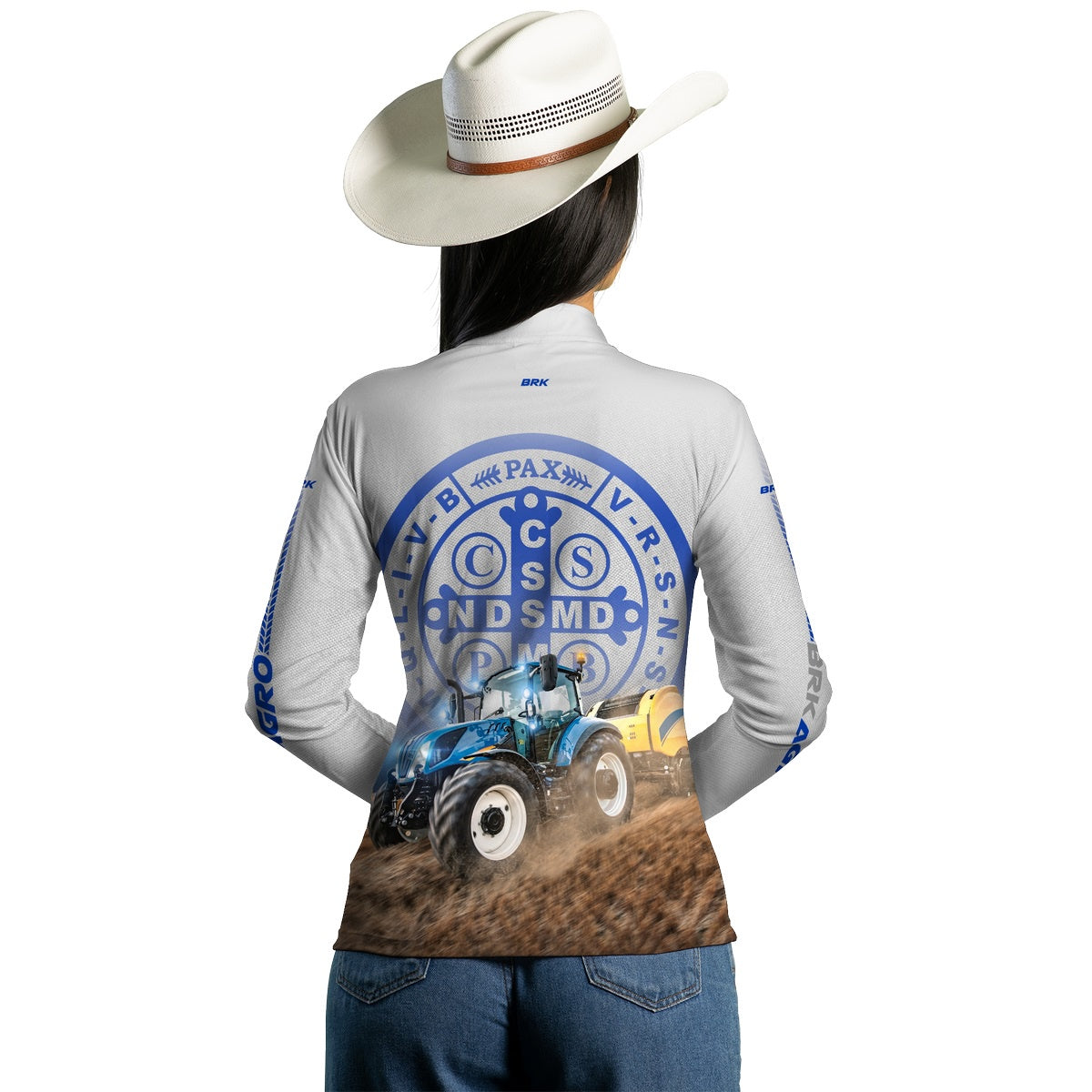 Camisa Agro Brk Trator Azul e Branco São Bento com Proteção Solar UV50+