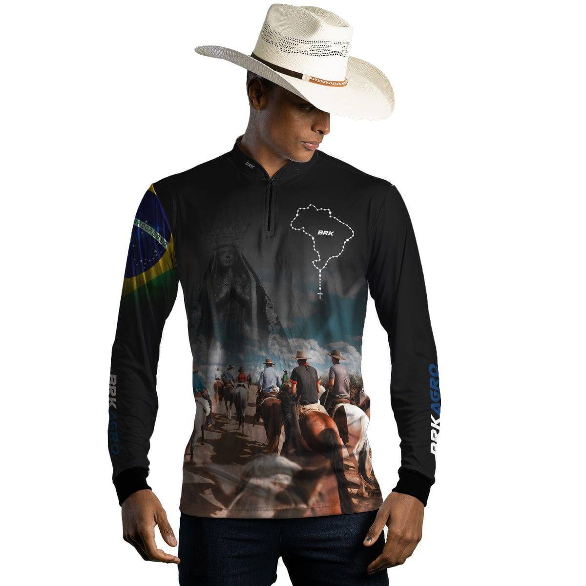 Camisa Agro Brk Cavalgada Nossa Senhora c/ Bandeira do Brasil com Proteção Solar UV50+