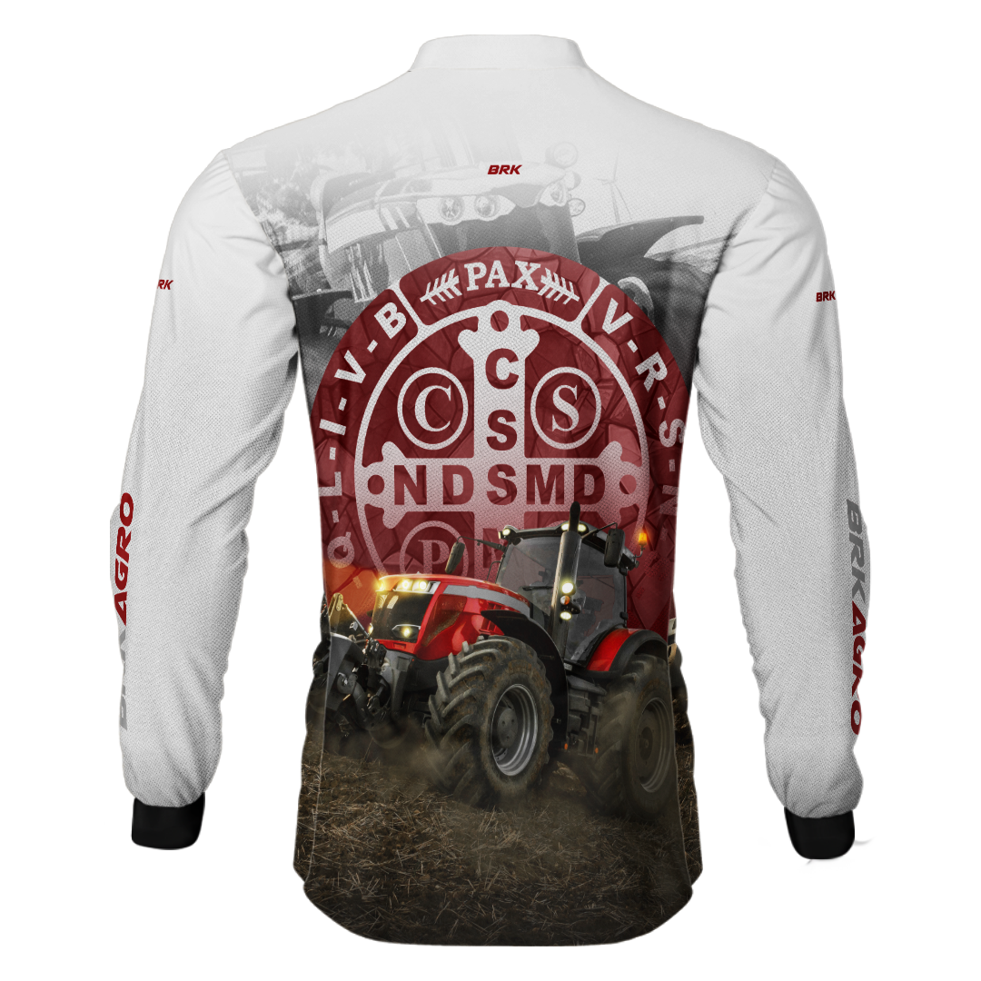Camisa Agro Brk Trator São Bento Branco e Vermelho com Proteção Solar UV50+