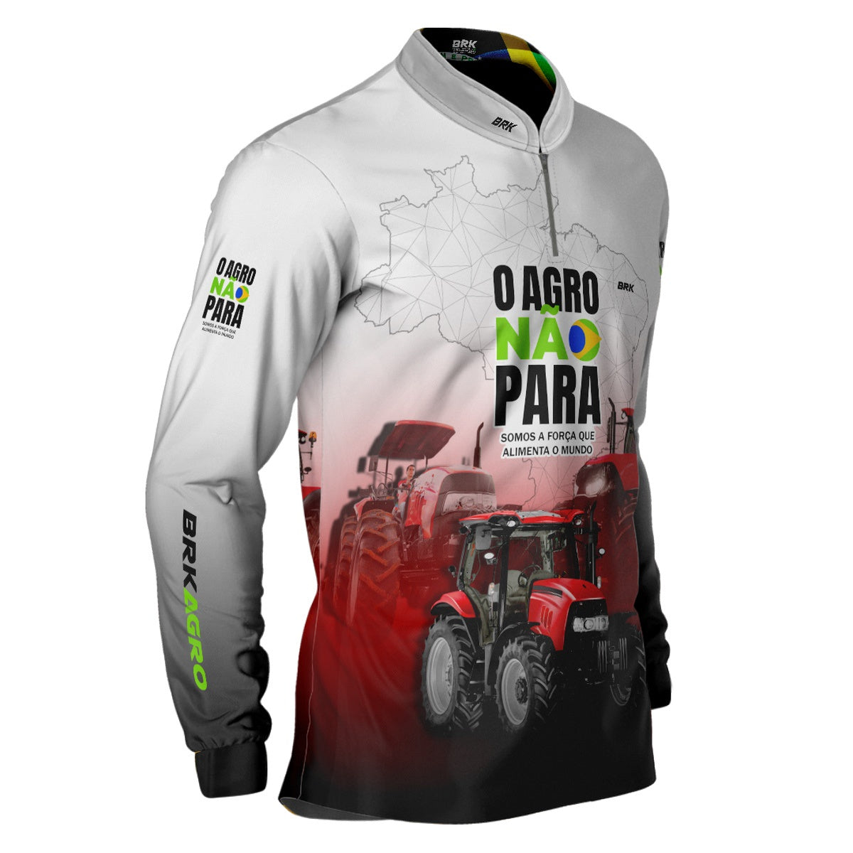 Camisa Agro Brk Branca e Vermelha O Agro Não Para com Proteção Solar UV50+