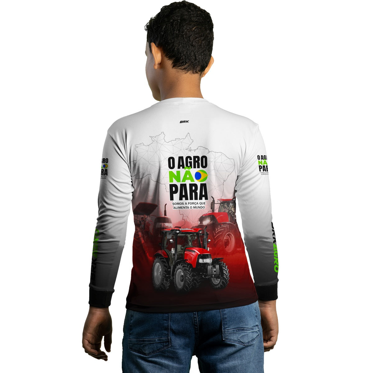 Camisa Agro Brk Branca e Vermelha O Agro Não Para com Proteção Solar UV50+