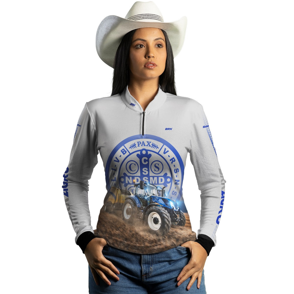 Camisa Agro Brk Trator Azul e Branco São Bento com Proteção Solar UV50+