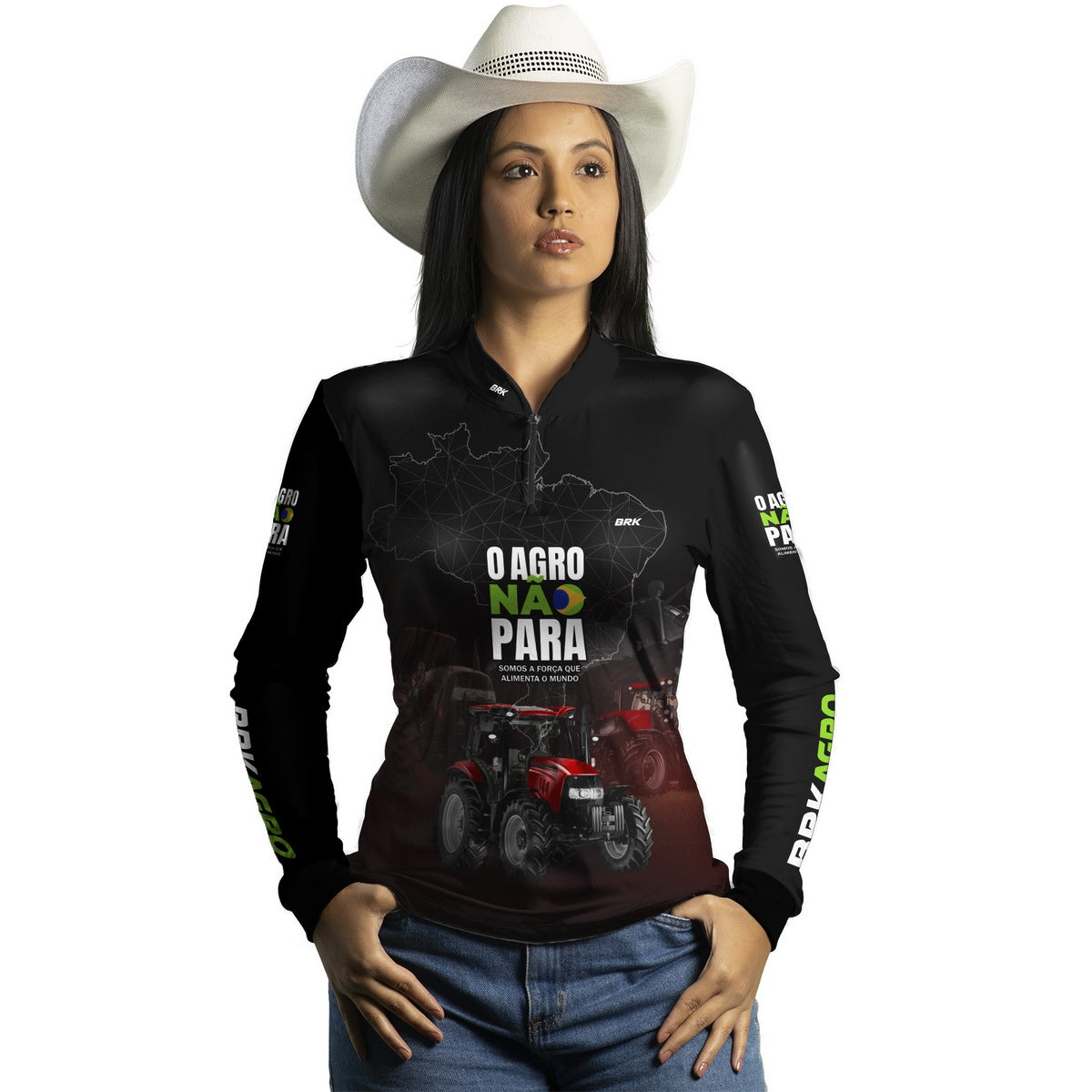 Camisa Agro Brk Preta e Vermelho O Agro Não Para com Proteção Solar UV50+