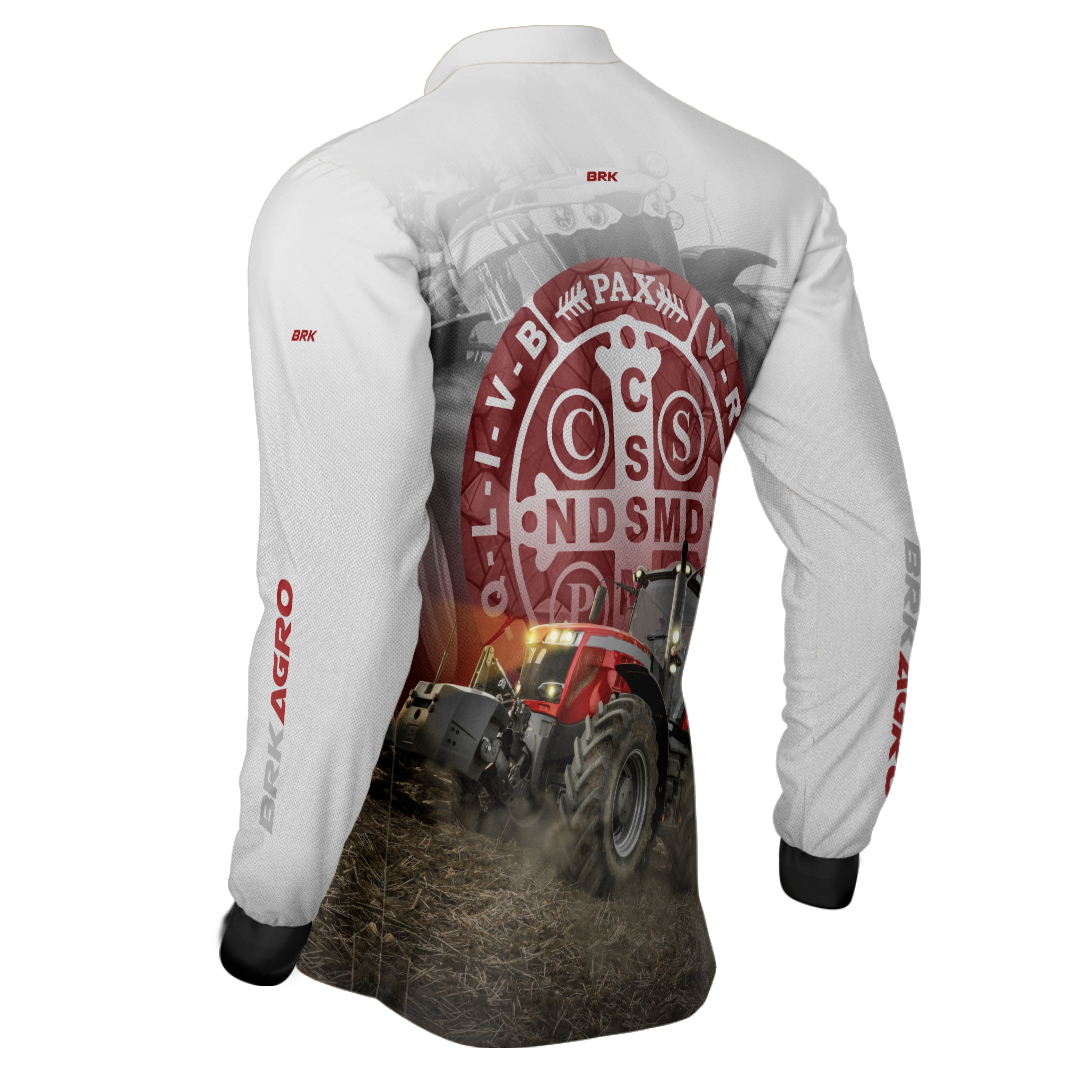 Camisa Agro Brk Trator São Bento Branco e Vermelho com Proteção Solar UV50+