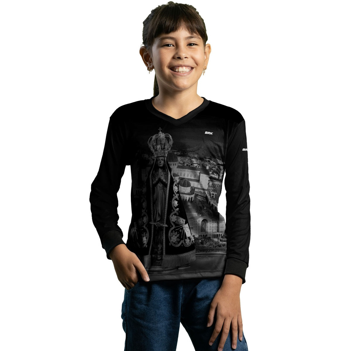 Camisa Infantil Agro Brk Preta Nossa Senhora Aparecida com Proteção Solar UV50+