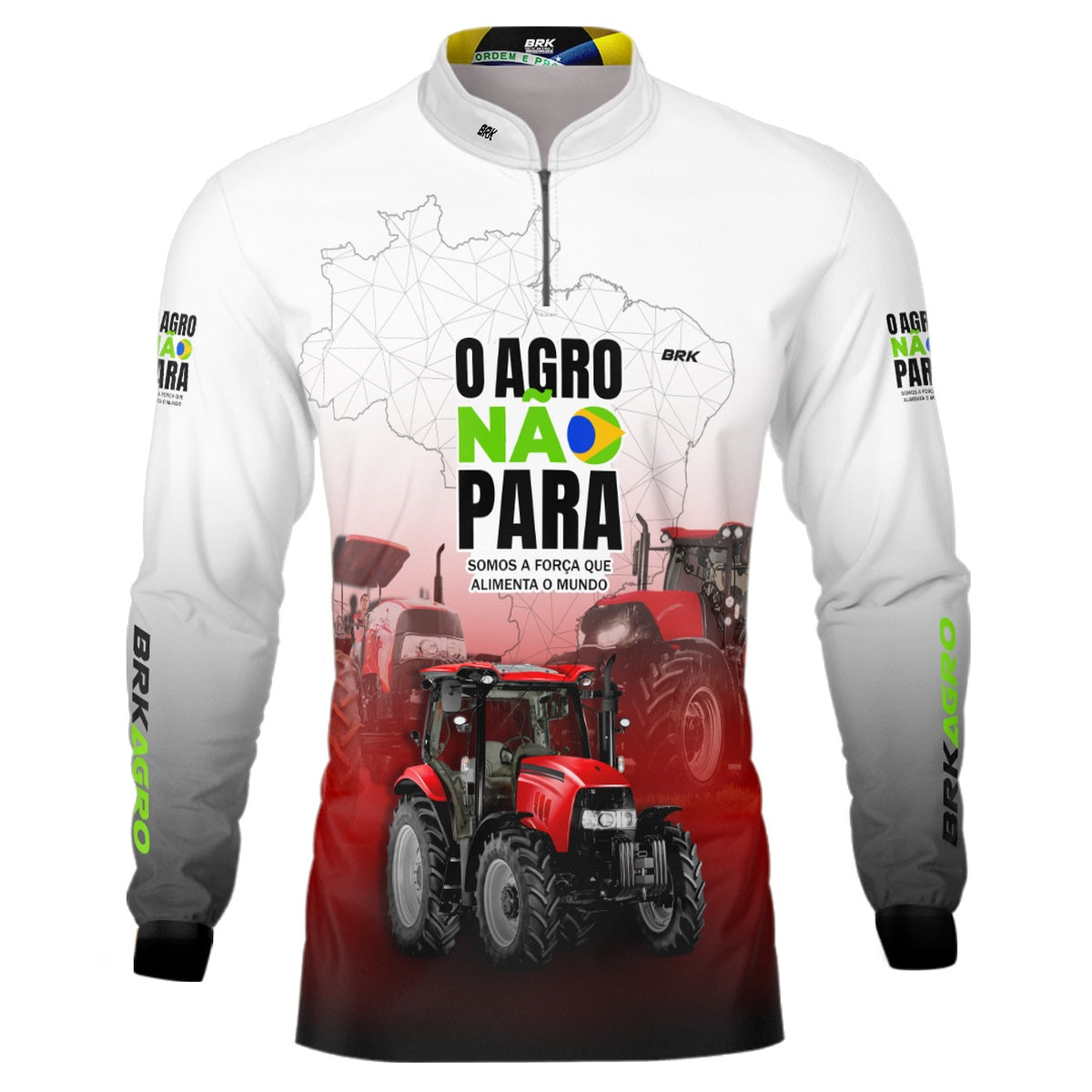 Camisa Agro Brk Branca e Vermelha O Agro Não Para com Proteção Solar UV50+