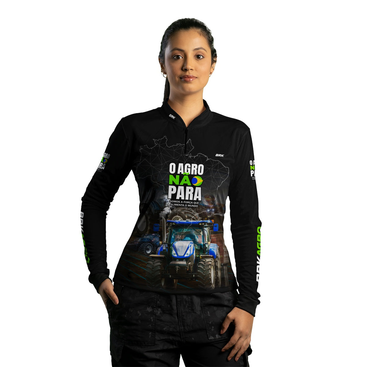 Camisa Agro Feminina Brk O Agro Não Para Trator Azul com UV50+