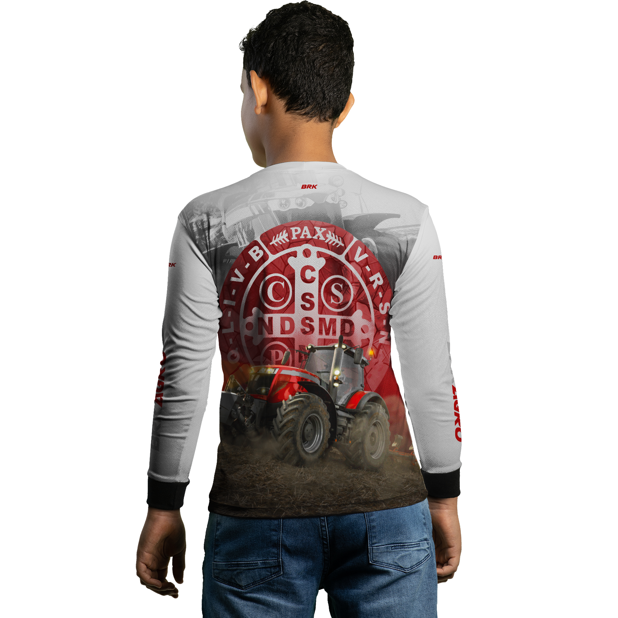 Camisa Agro Brk Trator São Bento Branco e Vermelho com Proteção Solar UV50+
