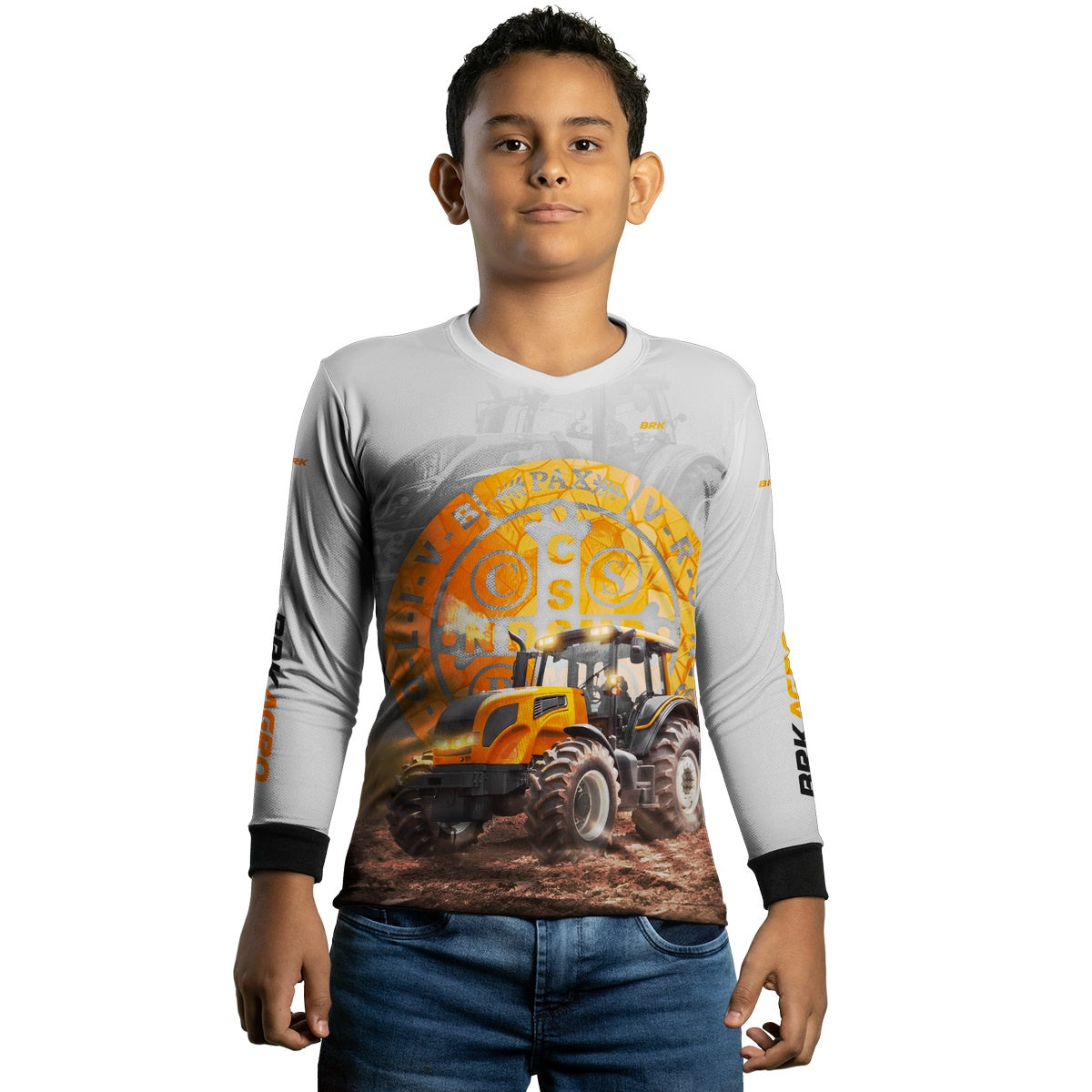 Camisa Agro Brk Trator São Bento Laranja e Branco com Proteção Solar UV50+