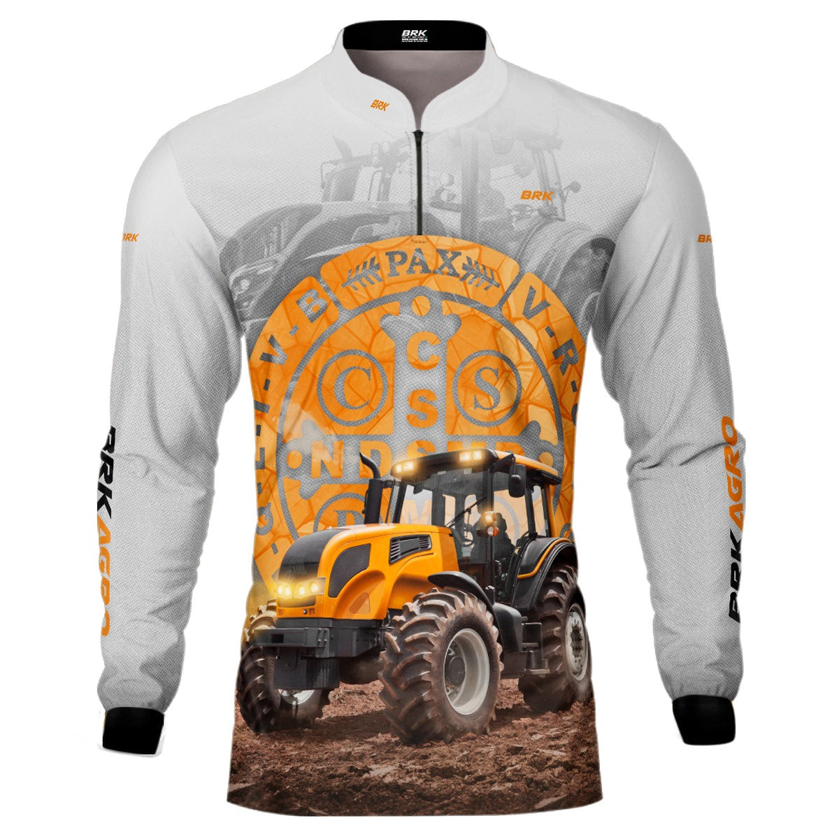 Camisa Agro Brk Trator São Bento Laranja e Branco com Proteção Solar UV50+