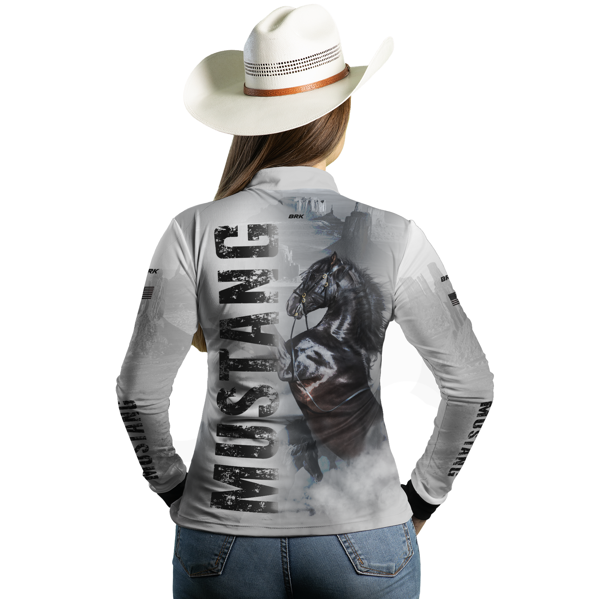 Camisa Agro Brk Branca Cavalo Mustang com Proteção Solar UV50+