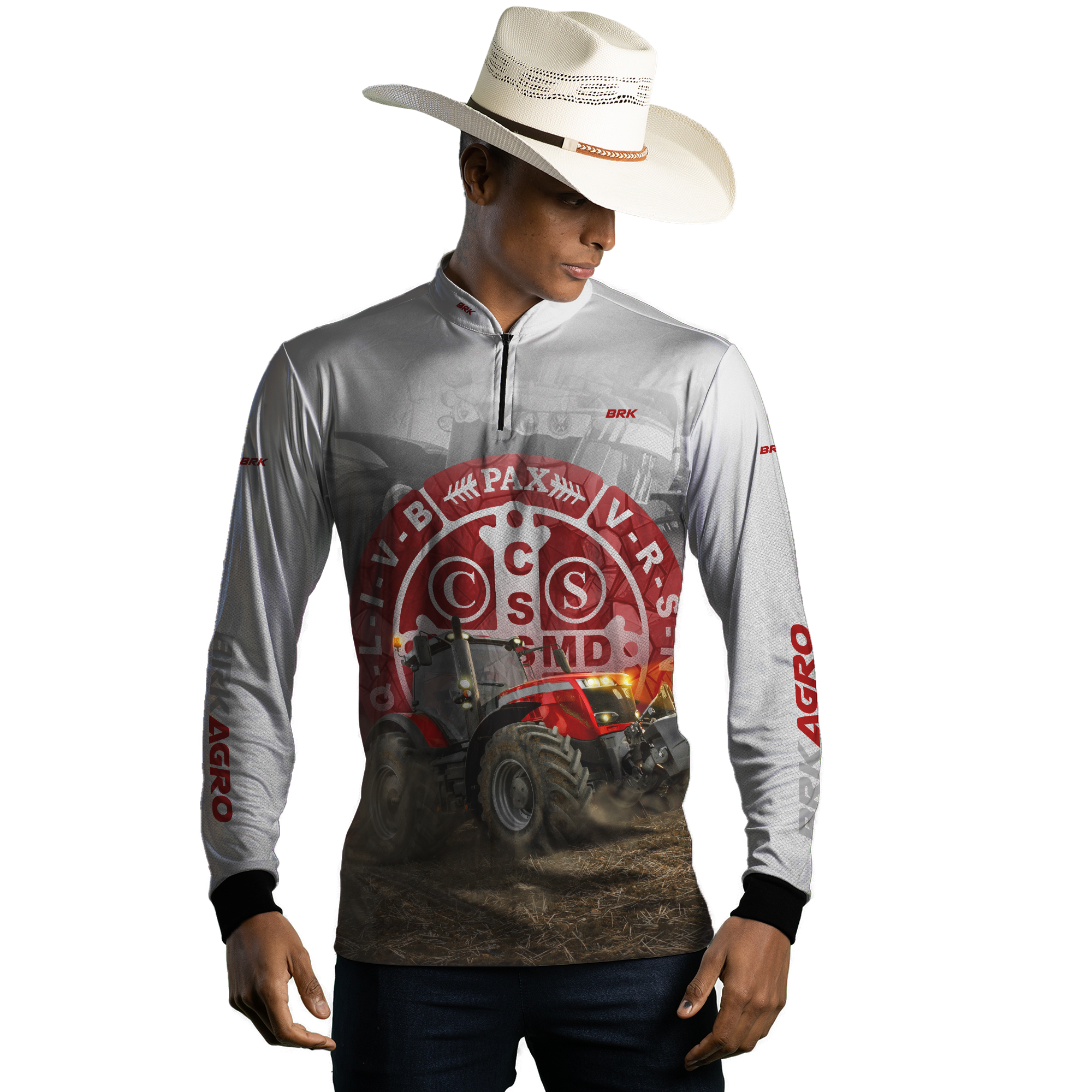 Camisa Agro Brk Trator São Bento Branco e Vermelho com Proteção Solar UV50+