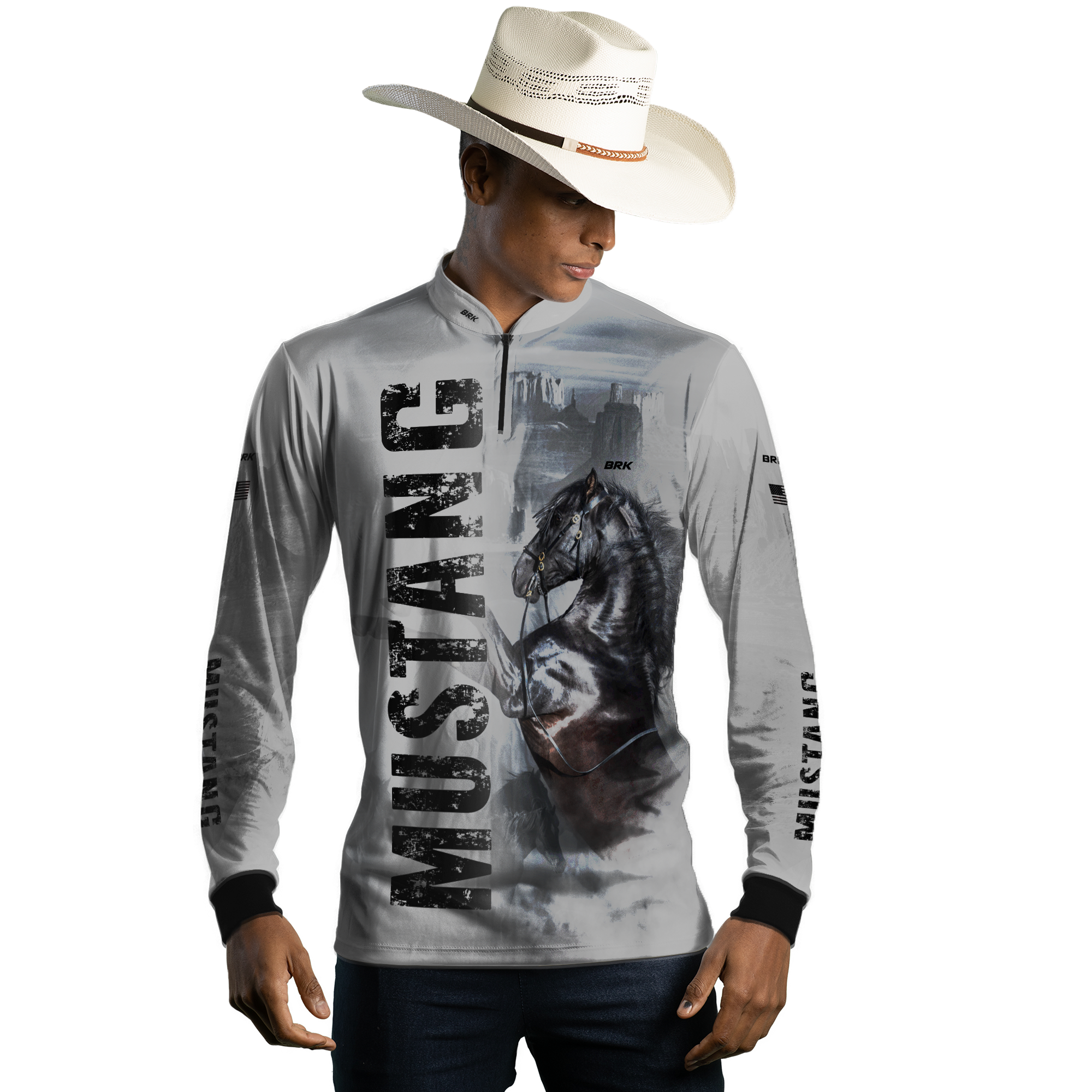 Camisa Agro Brk Branca Cavalo Mustang com Proteção Solar UV50+