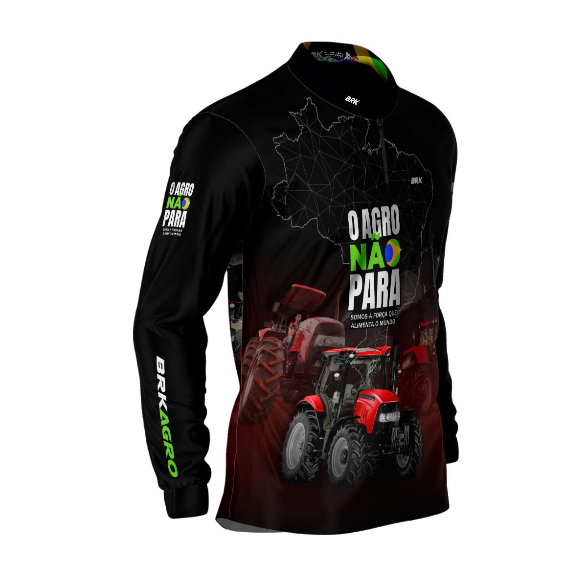 Camisa Agro Brk Preta e Vermelho O Agro Não Para com Proteção Solar UV50+